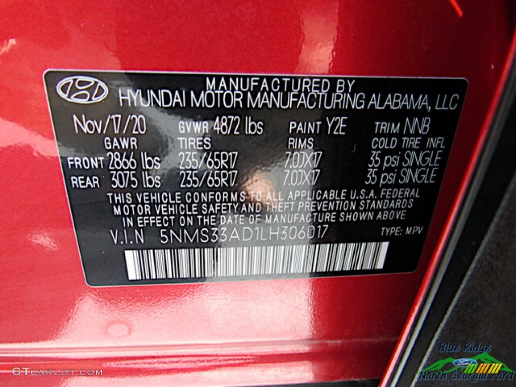 2020 Santa Fe Color Code Y2E for Calypso Red Photo #146648450