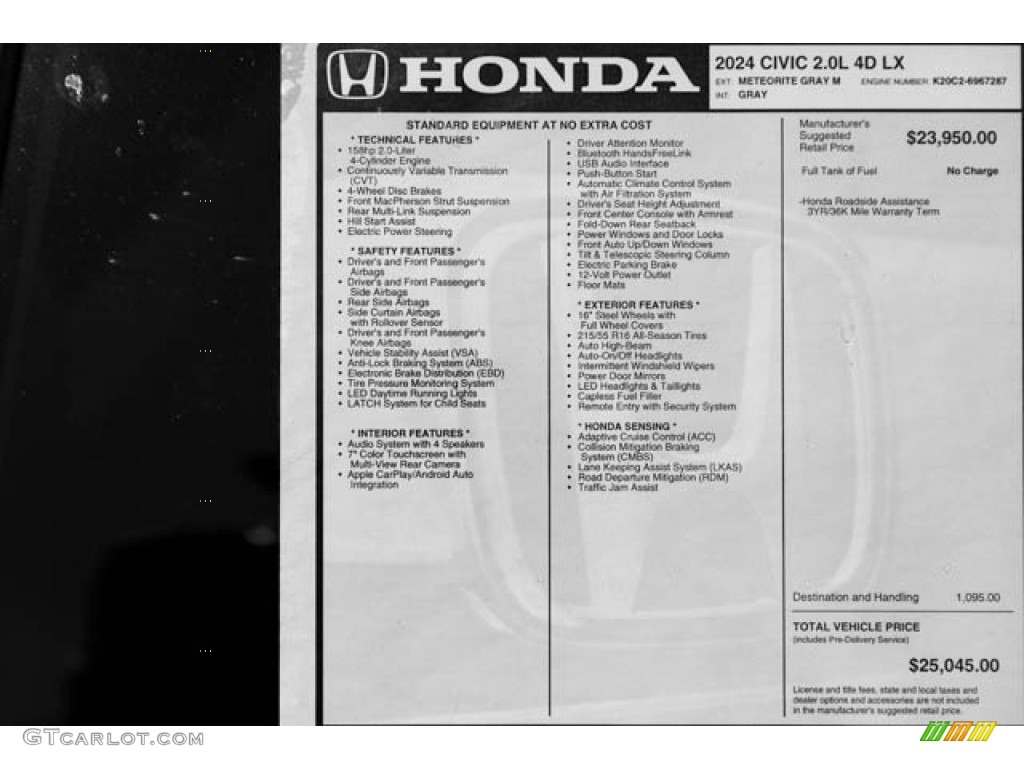 2024 Honda Civic LX Sedan Window Sticker Photo #146649936