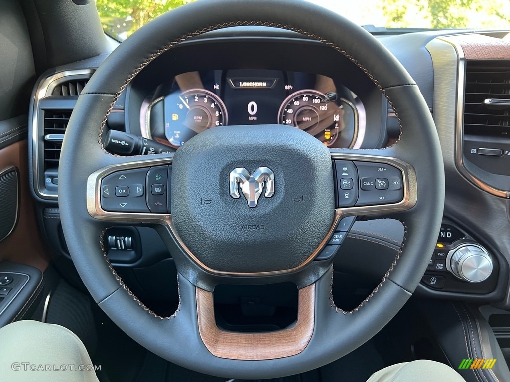 2024 Ram 1500 Longhorn Crew Cab 4x4 Black/New Saddle Steering Wheel Photo #146650341