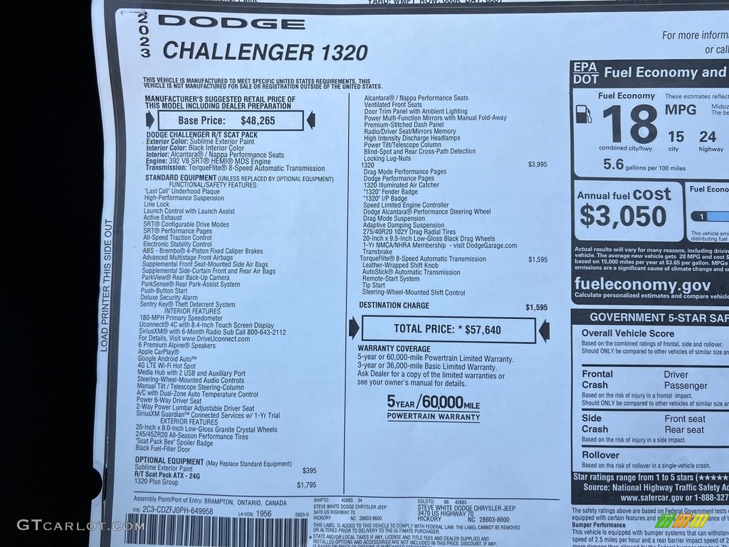 2023 Dodge Challenger 1320 Window Sticker Photos