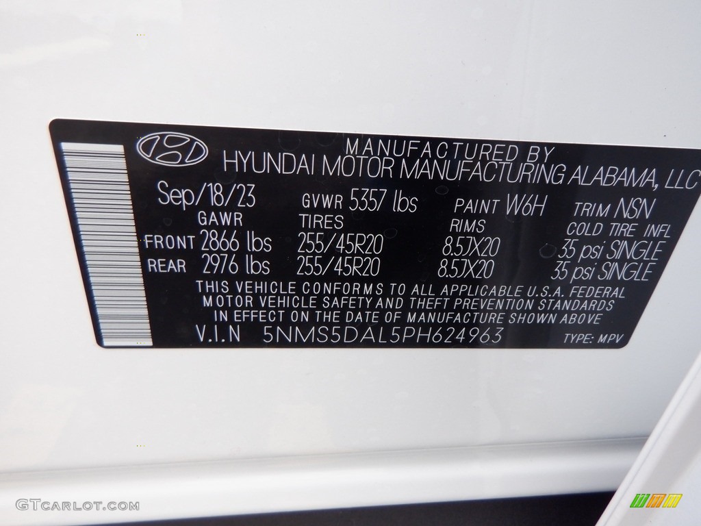 2023 Santa Fe Color Code W6H for Serenity White Pearl Photo #146654789