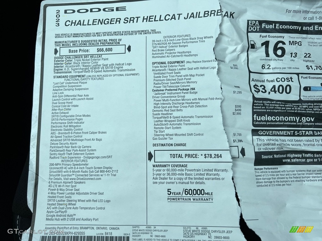 2023 Dodge Challenger SRT Hellcat JailBreak Window Sticker Photo #146655786