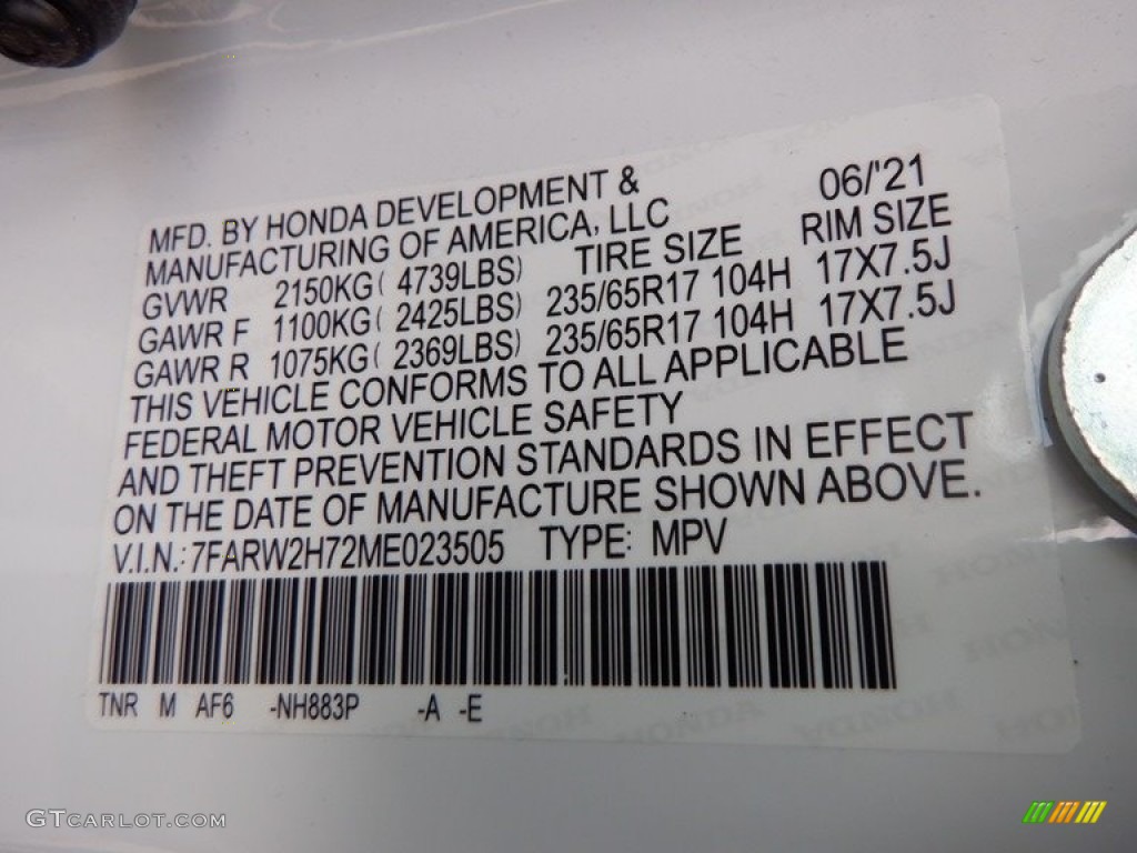 2021 CR-V Color Code NH883P for Platinum White Pearl Photo #146662261