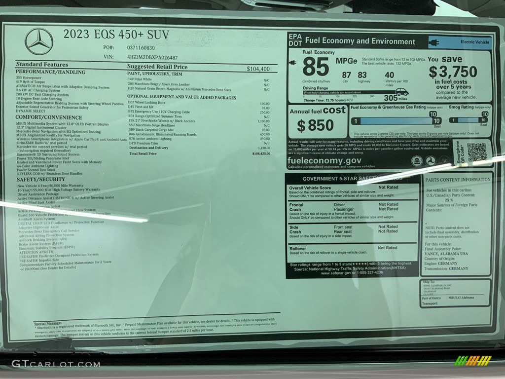 2023 Mercedes-Benz EQS 450+ SUV Window Sticker Photo #146669588