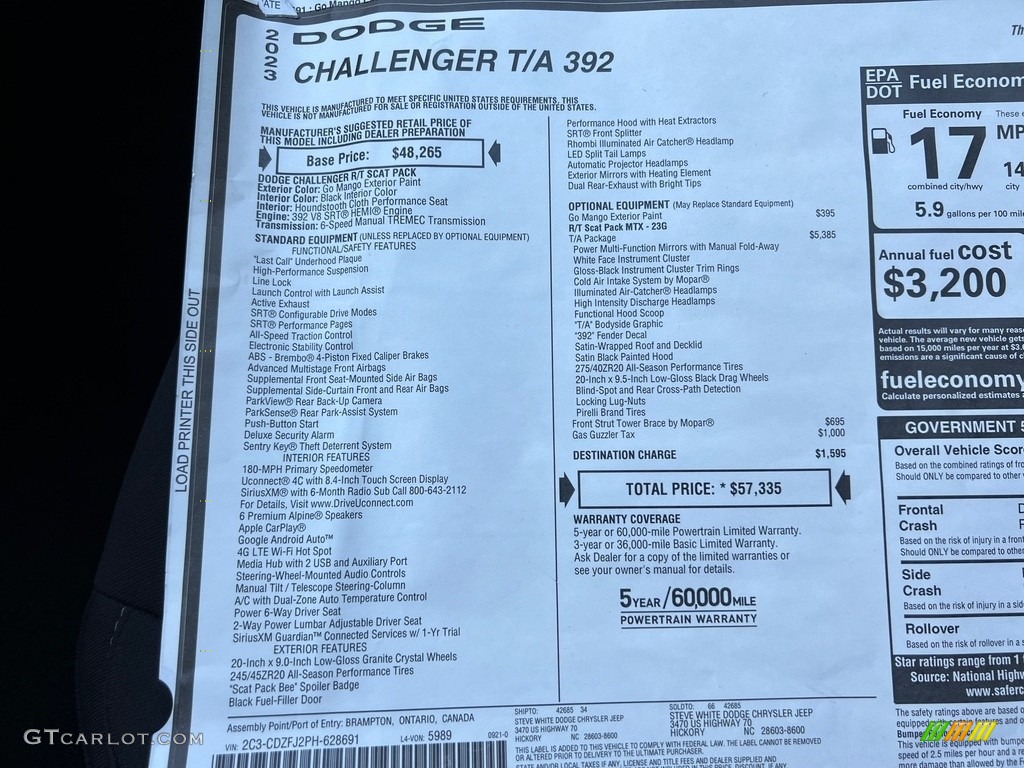 2023 Dodge Challenger T/A 392 Window Sticker Photo #146669630