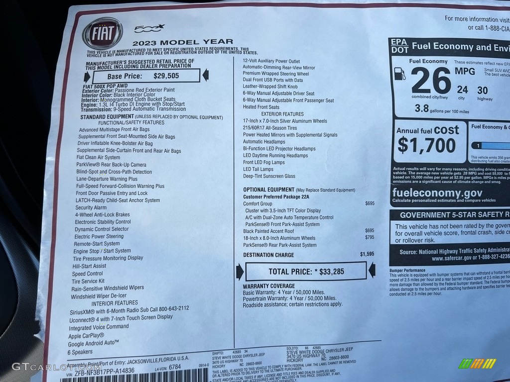 2023 Fiat 500X Pop AWD Window Sticker Photo #146670353