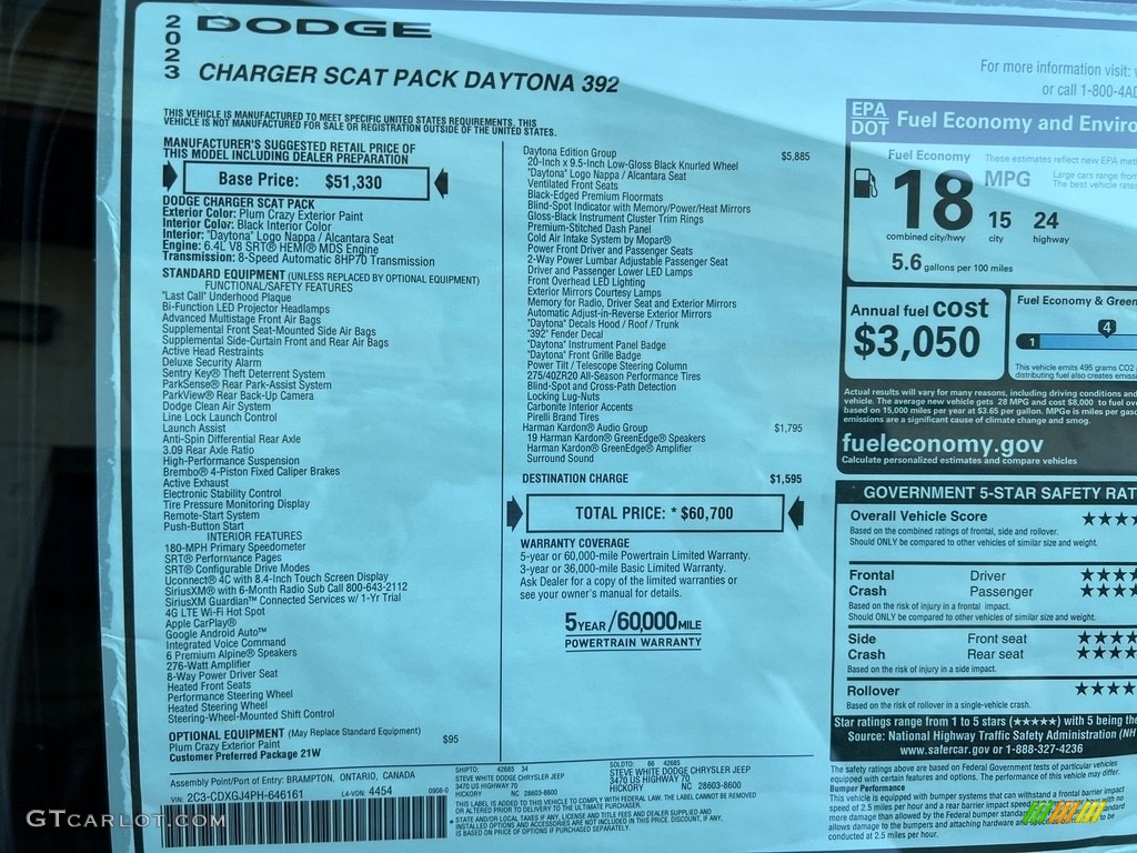 2023 Dodge Charger Scat Pack Daytona 392 Window Sticker Photo #146670845