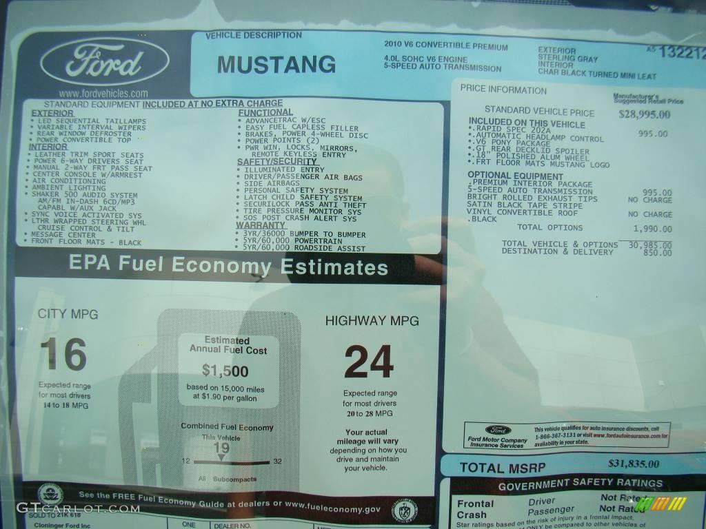 2010 Ford Mustang V6 Premium Convertible Window Sticker Photos