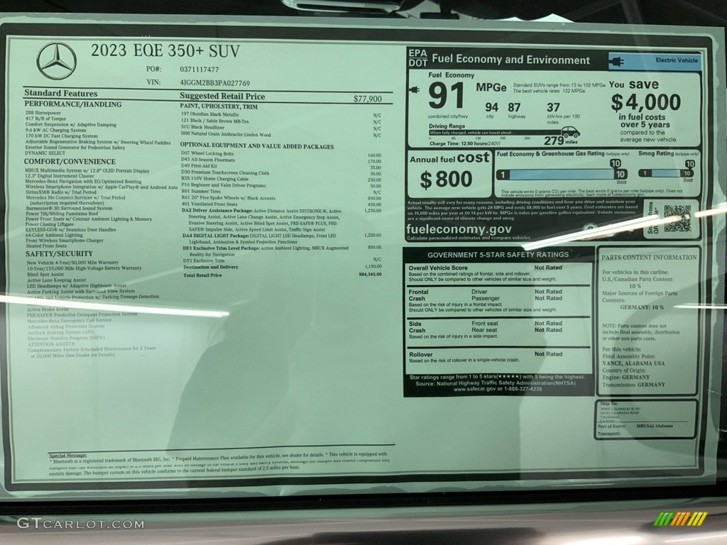 2023 Mercedes-Benz EQE 350+ SUV Window Sticker Photos