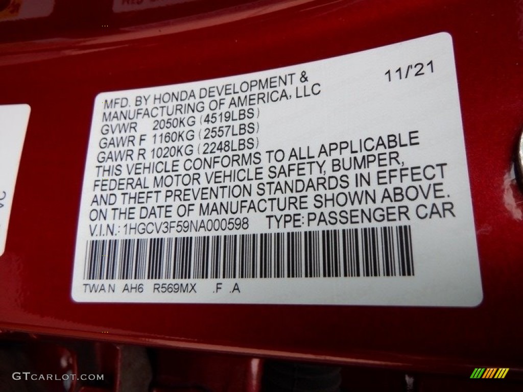 2022 Accord Color Code R569MX for Radiant Red Metallic Photo #146692444