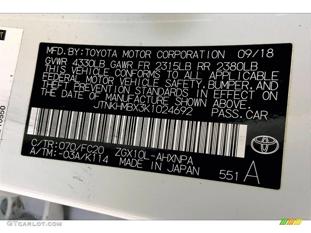 2019 Toyota C-HR LE Color Code Photos