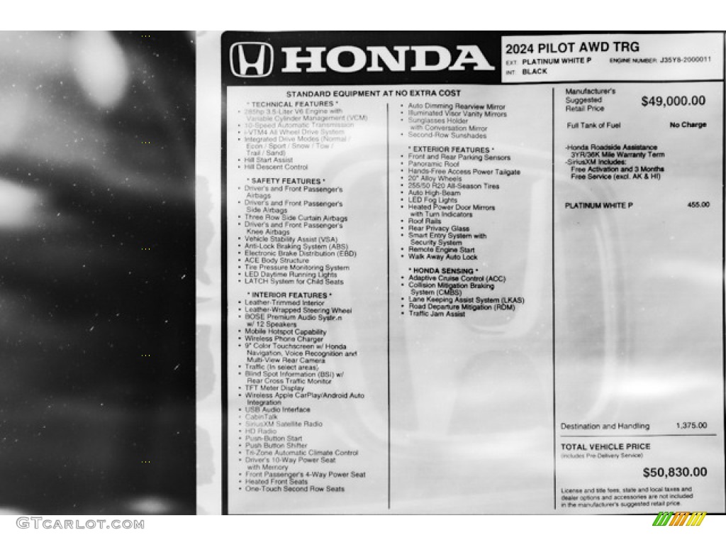 2024 Honda Pilot Touring AWD Window Sticker Photos