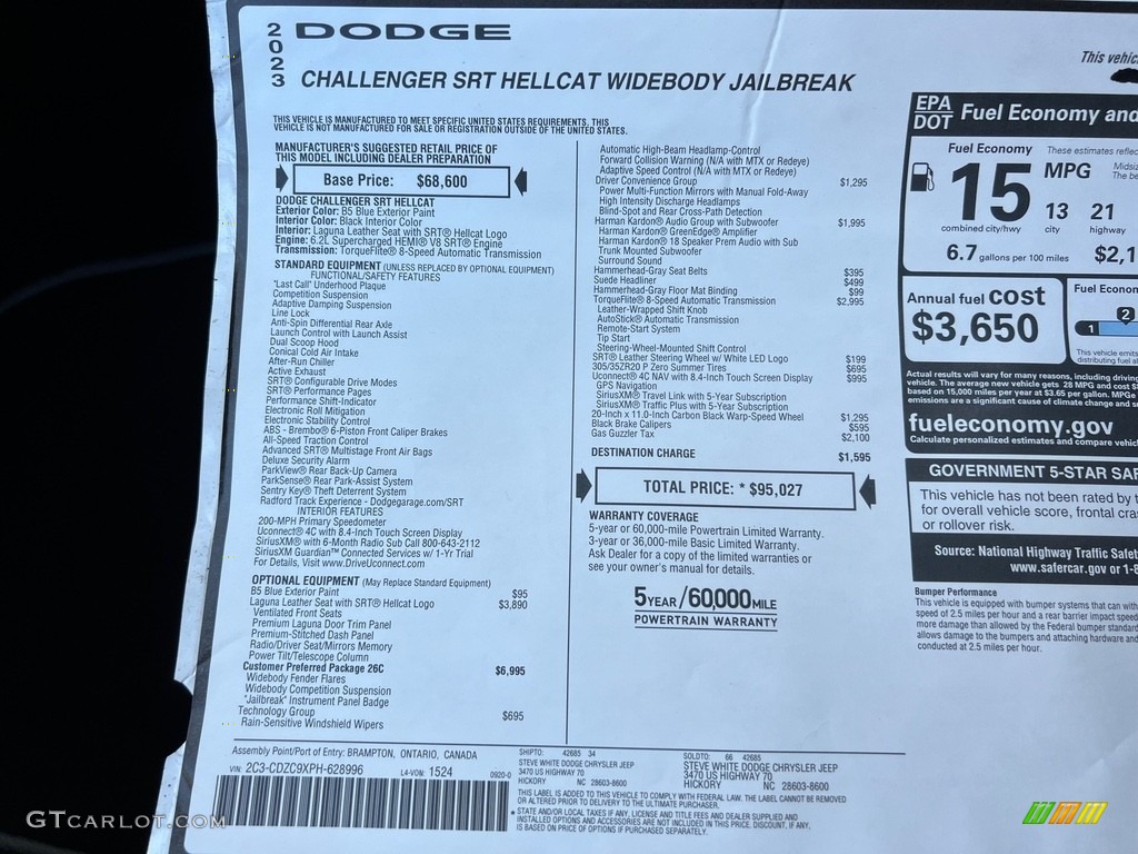 2023 Dodge Challenger SRT Hellcat JailBreak Widebody Window Sticker Photo #146725074
