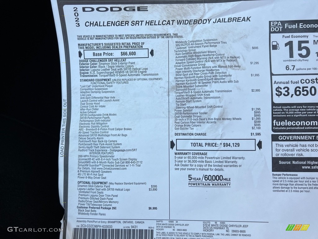 2023 Dodge Challenger SRT Hellcat JailBreak Widebody Window Sticker Photo #146725173