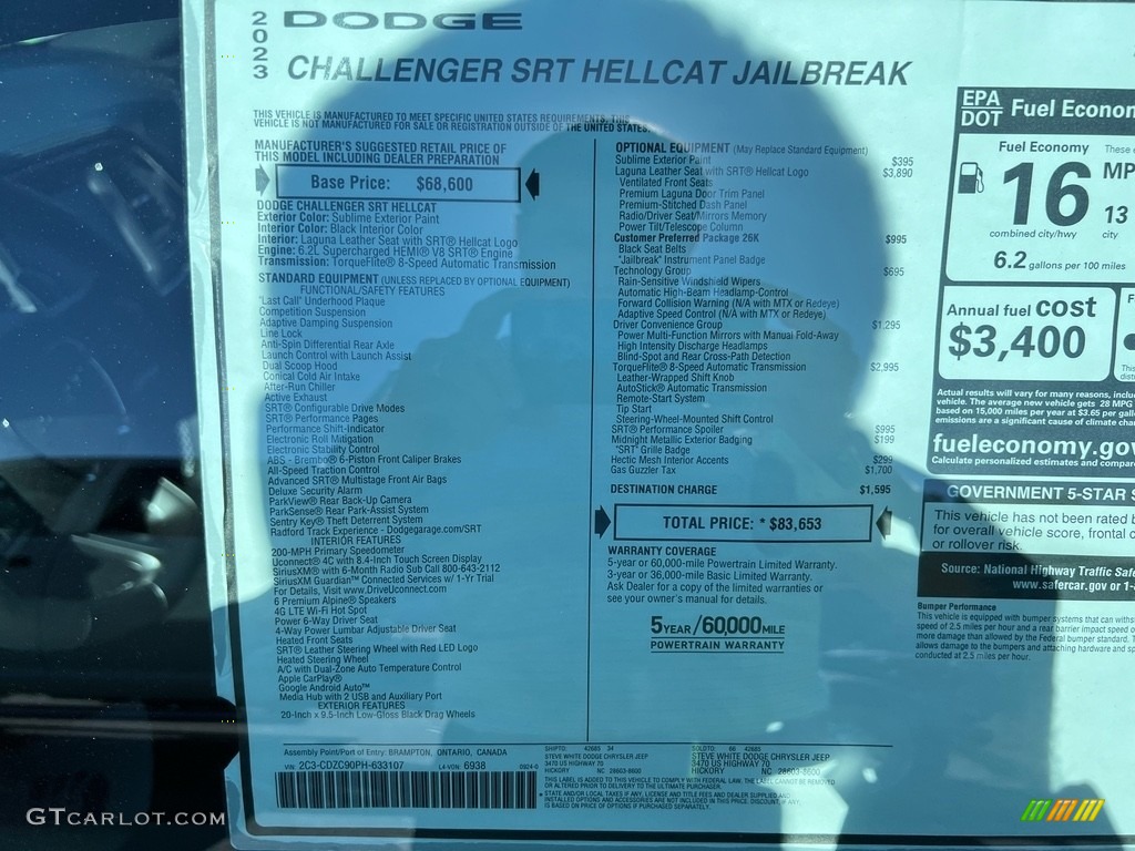 2023 Dodge Challenger SRT Hellcat JailBreak Window Sticker Photo #146733389
