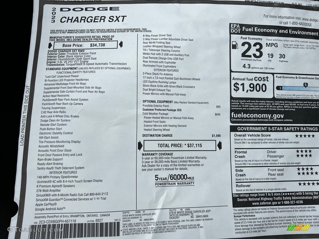 2023 Dodge Charger SXT Window Sticker Photo #146736793