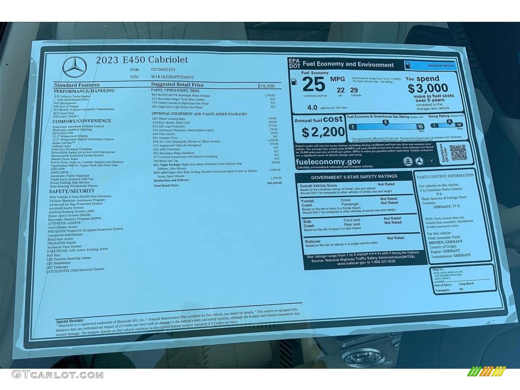 2023 Mercedes-Benz E 450 Cabriolet Window Sticker Photo #146744203