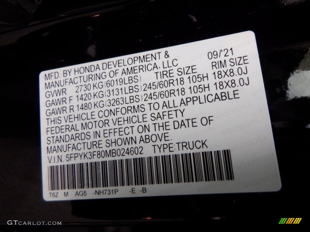 2021 Honda Ridgeline Black Edition AWD Color Code Photos
