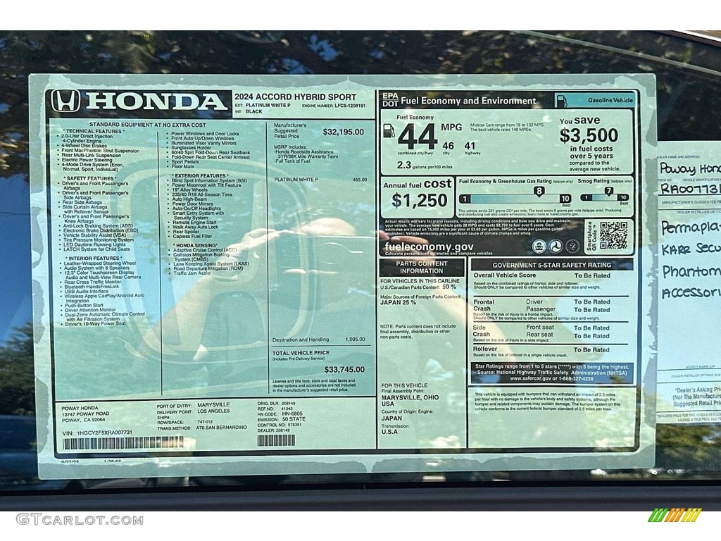 2024 Honda Accord Sport Hybrid Window Sticker Photo #146745745