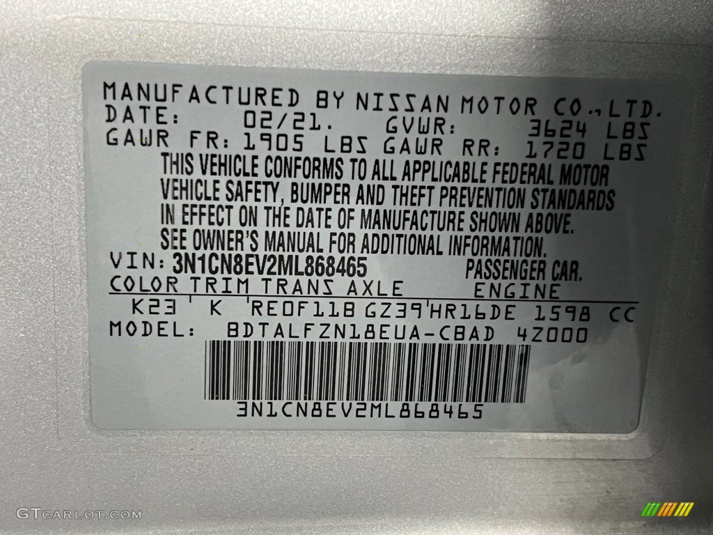 2021 Nissan Versa SV Color Code Photos