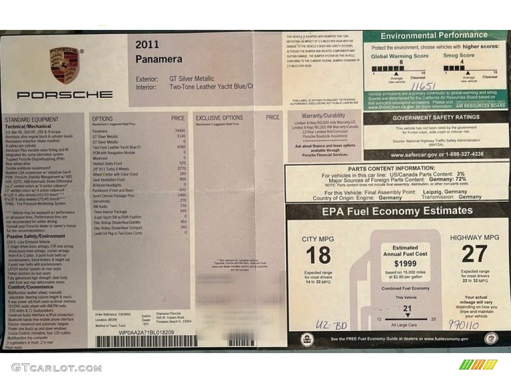 2011 Porsche Panamera 4 Window Sticker Photos