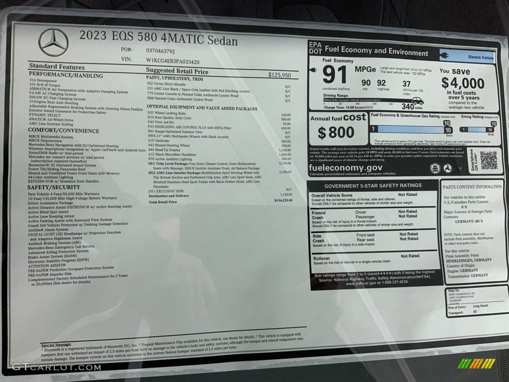 2023 Mercedes-Benz EQS 580 4Matic Sedan Window Sticker Photos