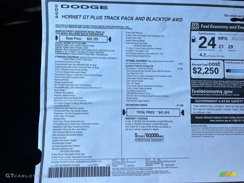 2024 Dodge Hornet GT Plus Track Pack/Blacktop AWD Window Sticker Photo #146754765