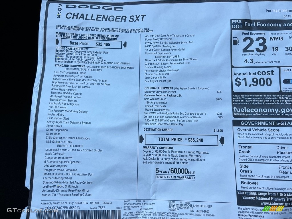 2023 Dodge Challenger SXT Window Sticker Photos