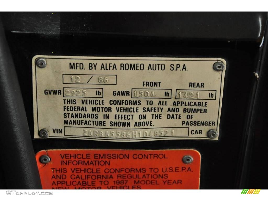 1987 Alfa Romeo Spider Veloce Info Tag Photos