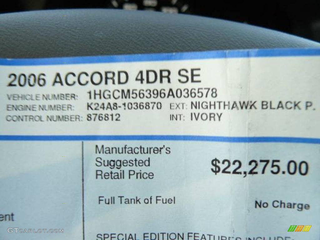 2006 Accord SE Sedan - Nighthawk Black Pearl / Ivory photo #26