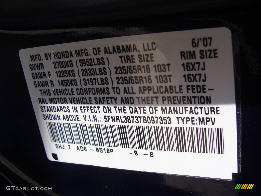 2007 Odyssey Color Code B518P for Midnight Blue Pearl Photo #15939387