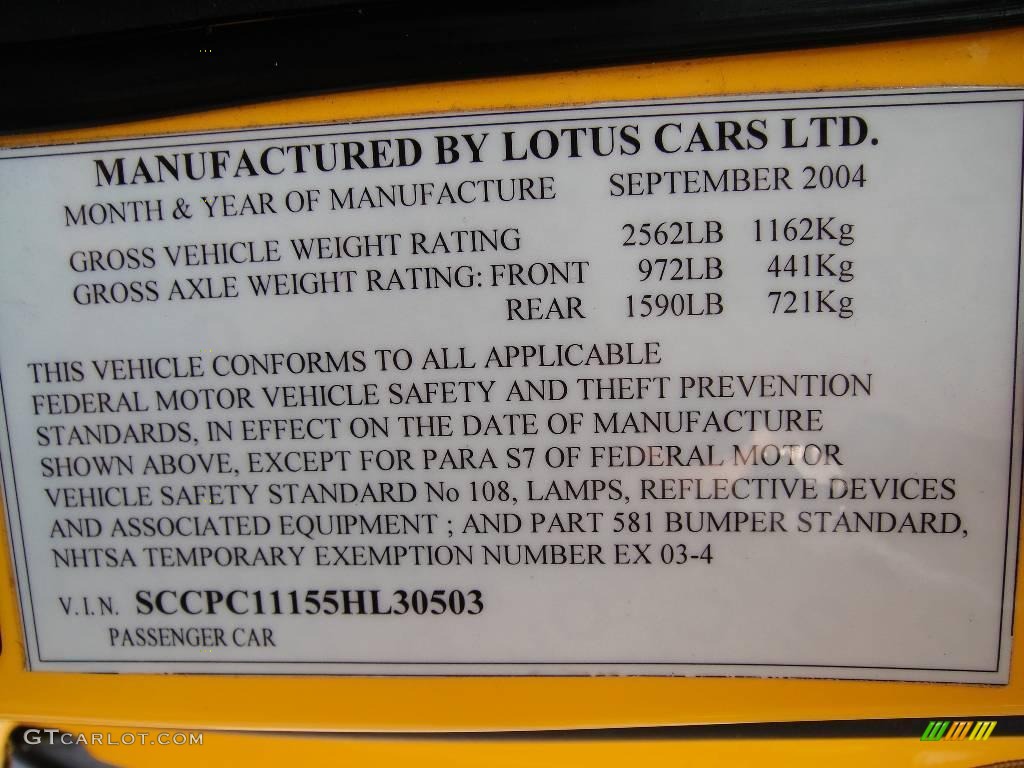 2005 Lotus Elise Standard Elise Model Info Tag Photo #16090761