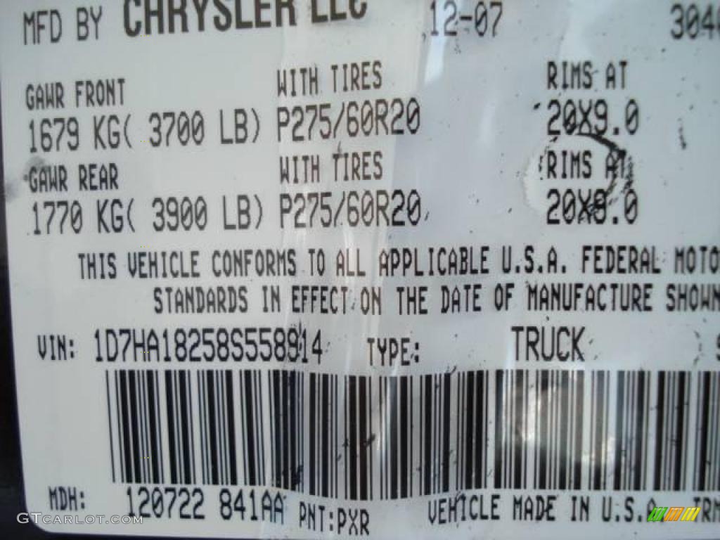 2008 Ram 1500 Color Code PXR for Brilliant Black Crystal Pearl Photo #16341721