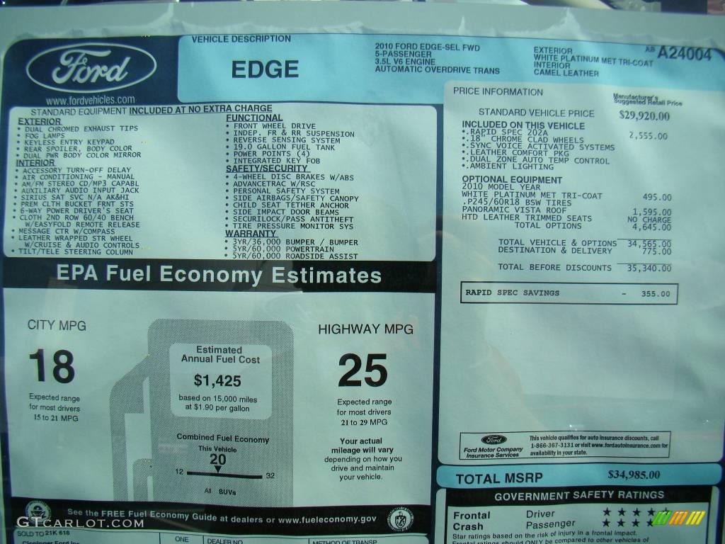 2010 Edge SEL - White Platinum Tri-Coat / Camel photo #15