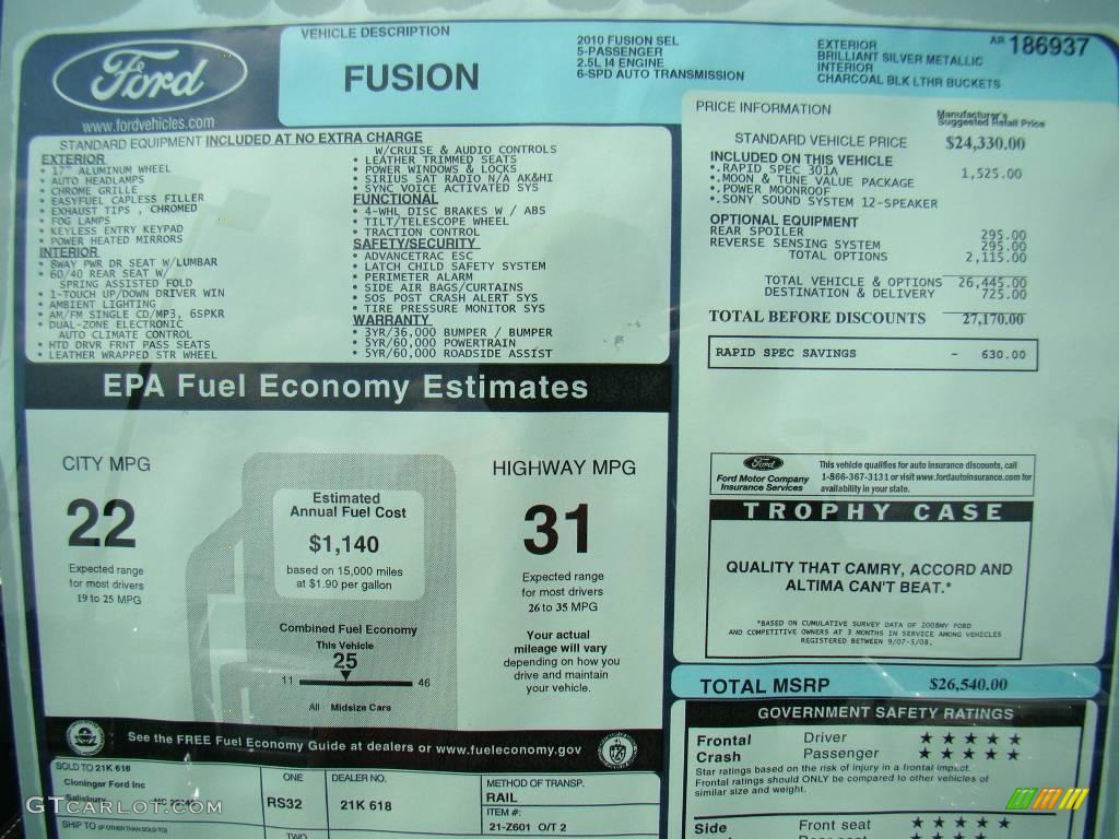 2010 Fusion SEL - Brilliant Silver Metallic / Charcoal Black photo #16