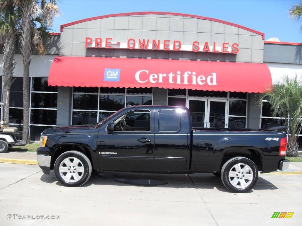 2008 Sierra 1500 SLT Extended Cab 4x4 - Onyx Black / Cocoa/Light Cashmere photo #1