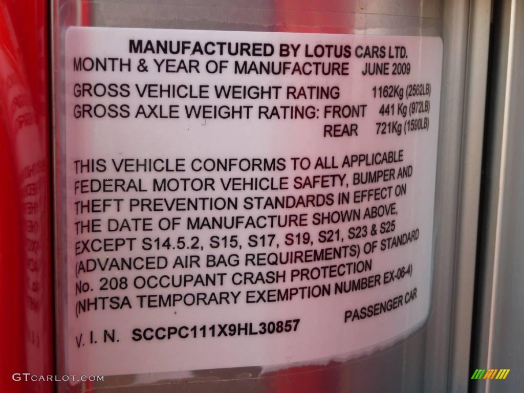 2009 Lotus Elise Standard Elise Model Info Tag Photo #17770122