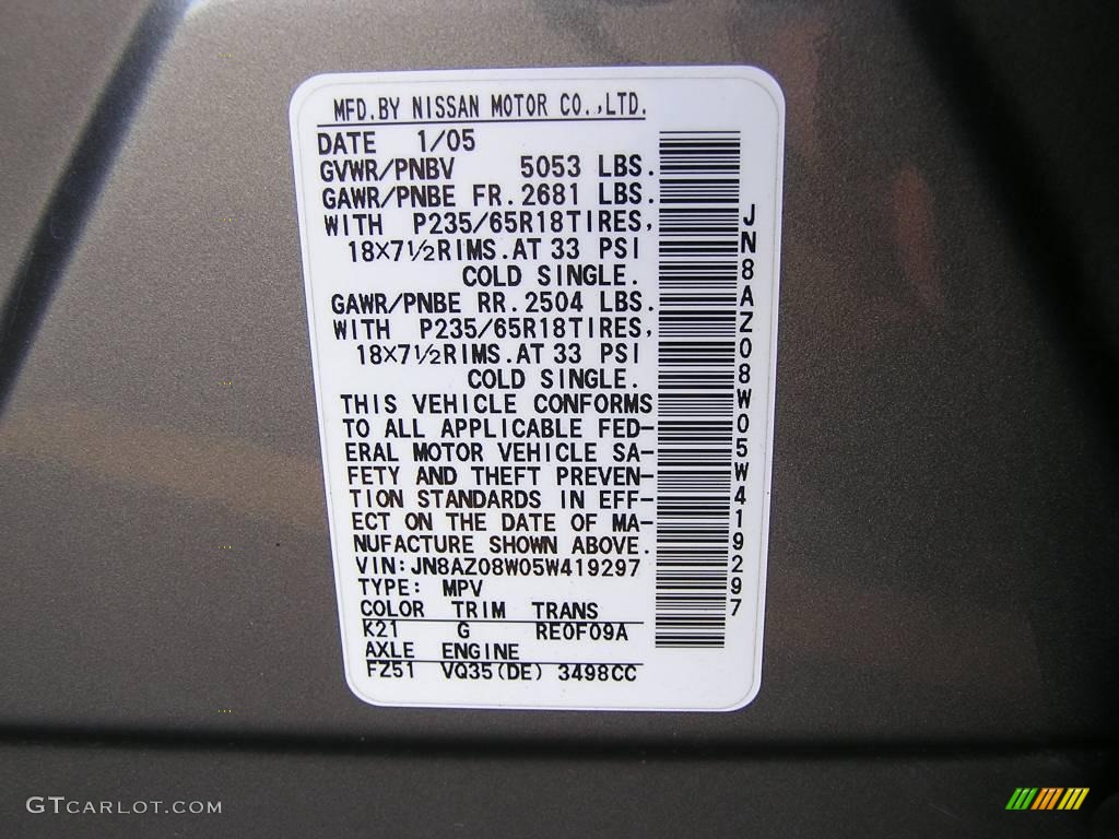 2005 Murano S AWD - Platinum Metallic / Charcoal photo #16