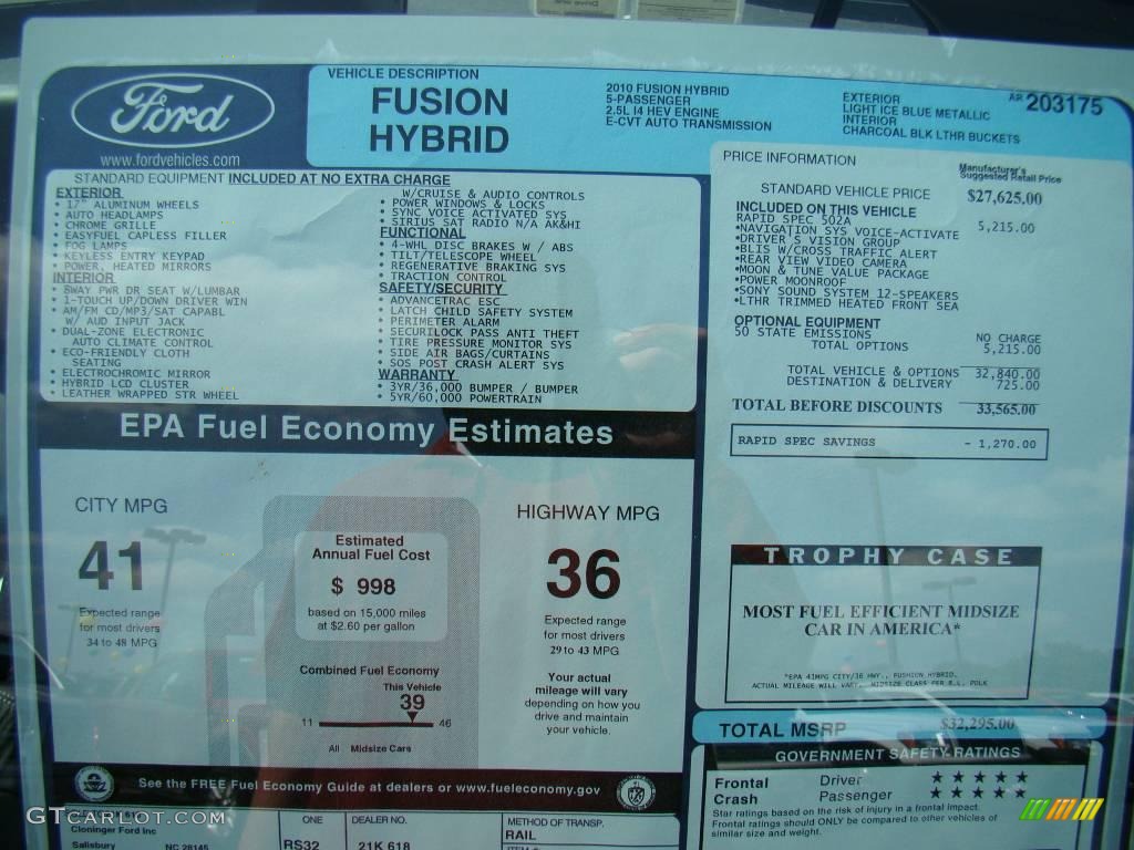 2010 Fusion Hybrid - Light Ice Blue Metallic / Charcoal Black photo #14