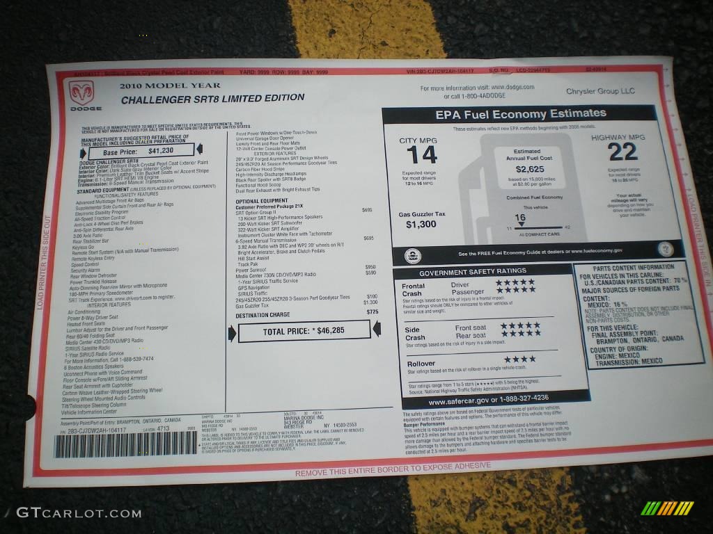 2010 Dodge Challenger SRT8 Window Sticker Photo #17982429