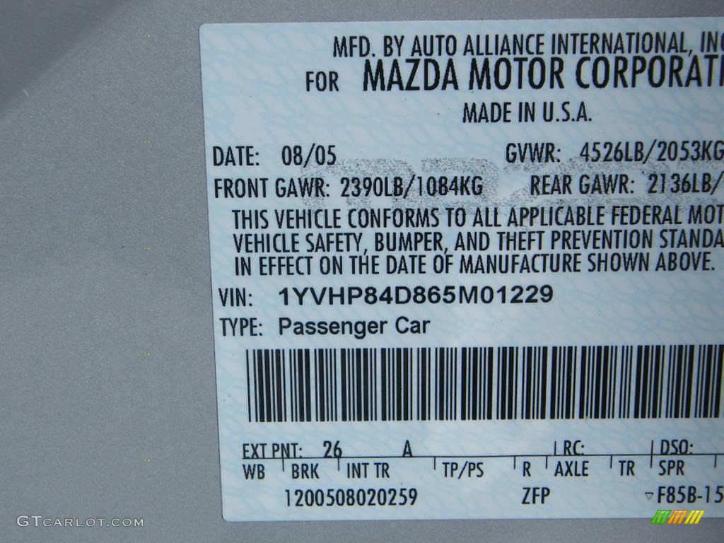 2006 MAZDA6 Color Code 26A for Glacier Silver Metallic Photo #18472405