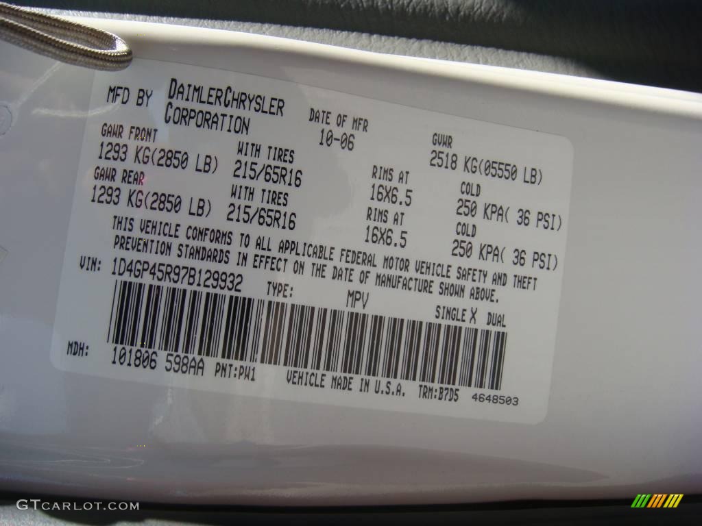 2007 Caravan Color Code PW1 for Stone White Photo #19108378
