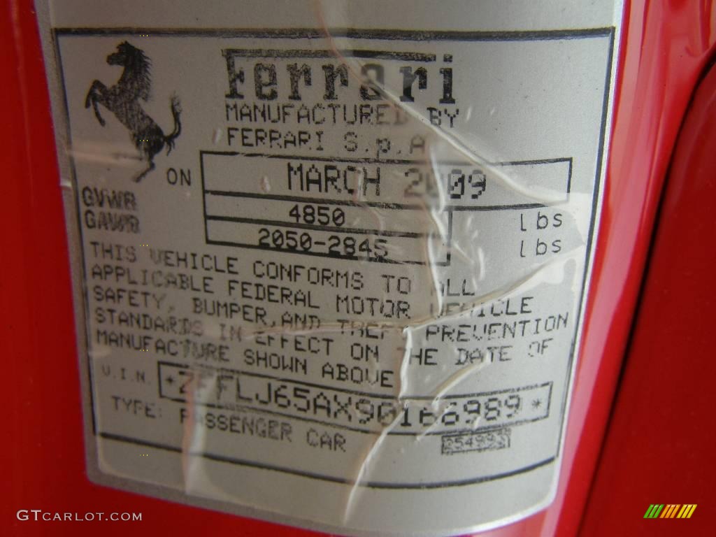 2009 Ferrari California Standard California Model Info Tag Photo #19374285