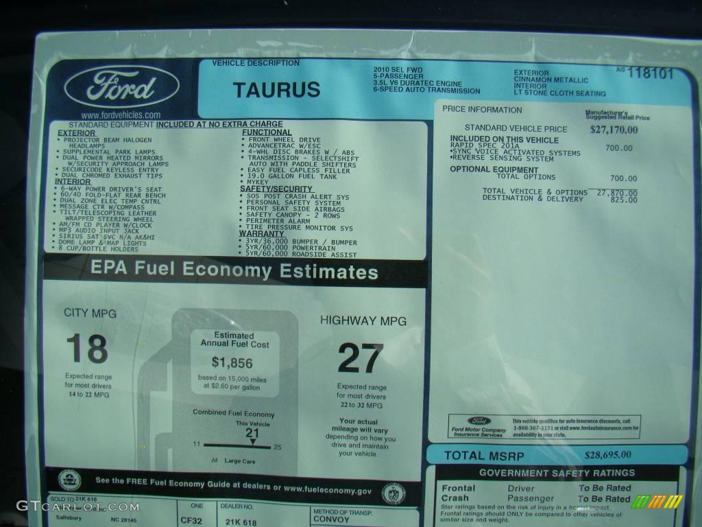 2010 Ford Taurus SEL Window Sticker Photo #19730230