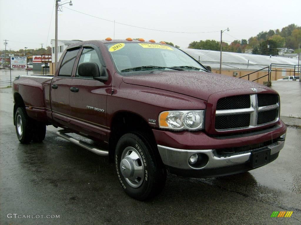 2003 Ram 3500 Laramie Quad Cab 4x4 Dually - Dark Garnet Red Pearl / Taupe photo #6