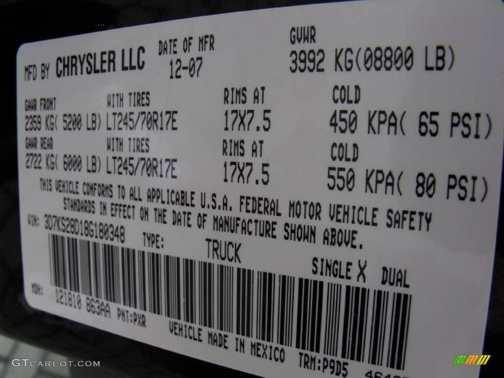 2008 Ram 2500 Color Code PXR for Brilliant Black Crystal Pearl Photo #19915542