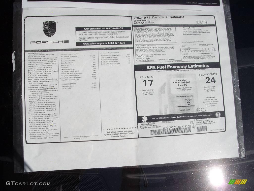 2008 911 Carrera S Cabriolet - Speed Yellow / Black photo #7