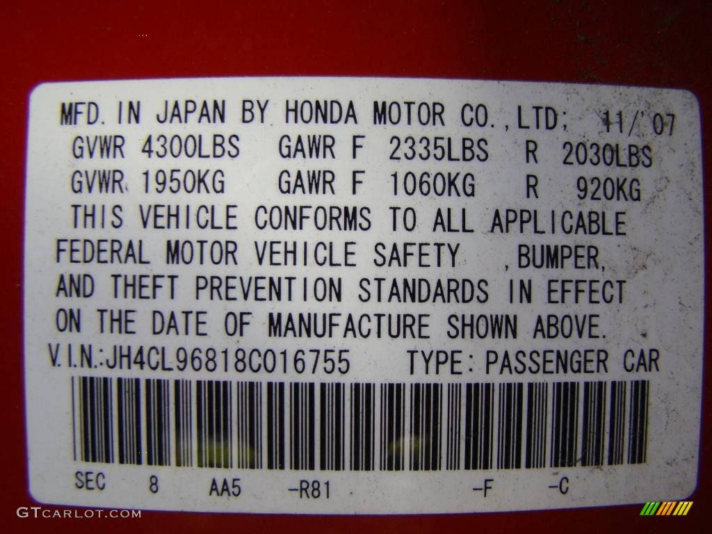 2008 TSX Color Code R81 for Milano Red Photo #21076731