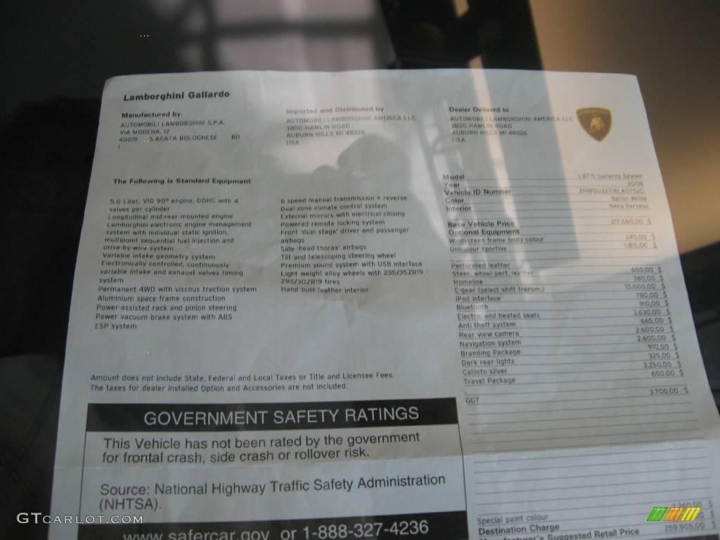 2008 Lamborghini Gallardo Spyder Window Sticker Photos