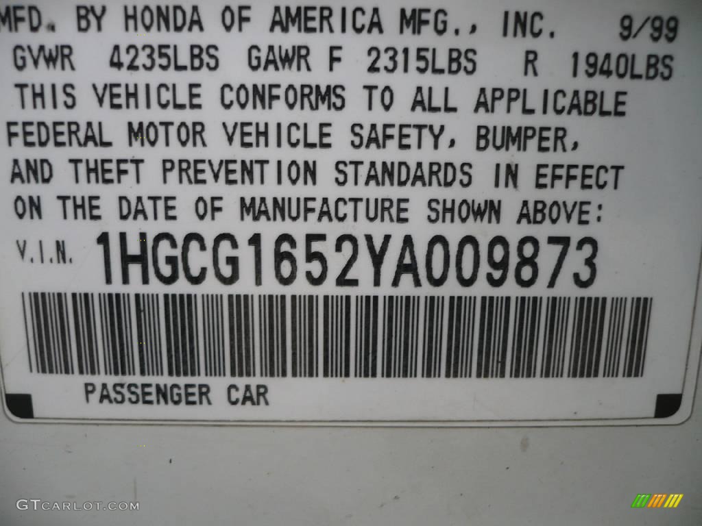 2000 Accord EX V6 Sedan - Taffeta White / Ivory photo #15